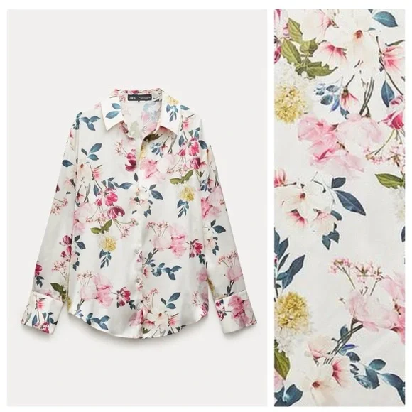 Zara Cream Floral Blouse with Pink and Green Accents - Picture 2 of 6